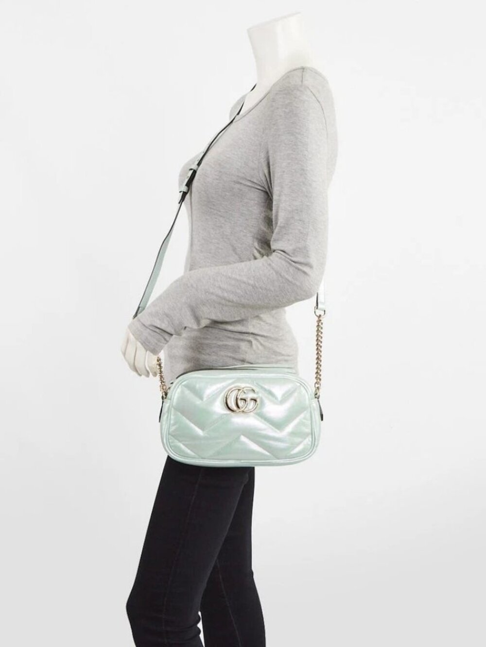 Gucci Green Iridescent Quilted Padded Leather GG Marmont Small Shoulder Bag